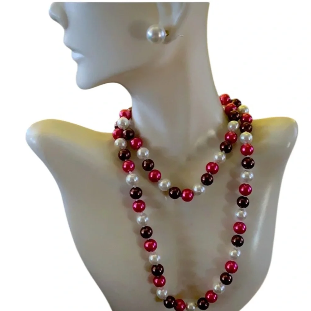 Genuine Freshwater Pearls Strand Necklace /Multicolor Pink Burgundy White